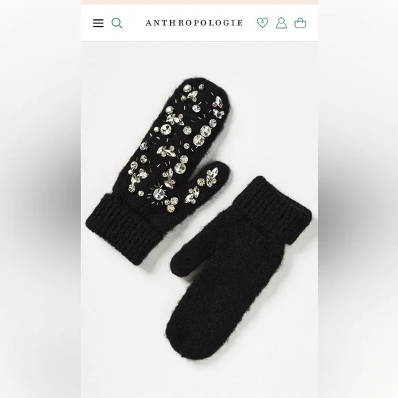 NWT new Anthropologie embellished cozy deco mittens gloves black rhinestones